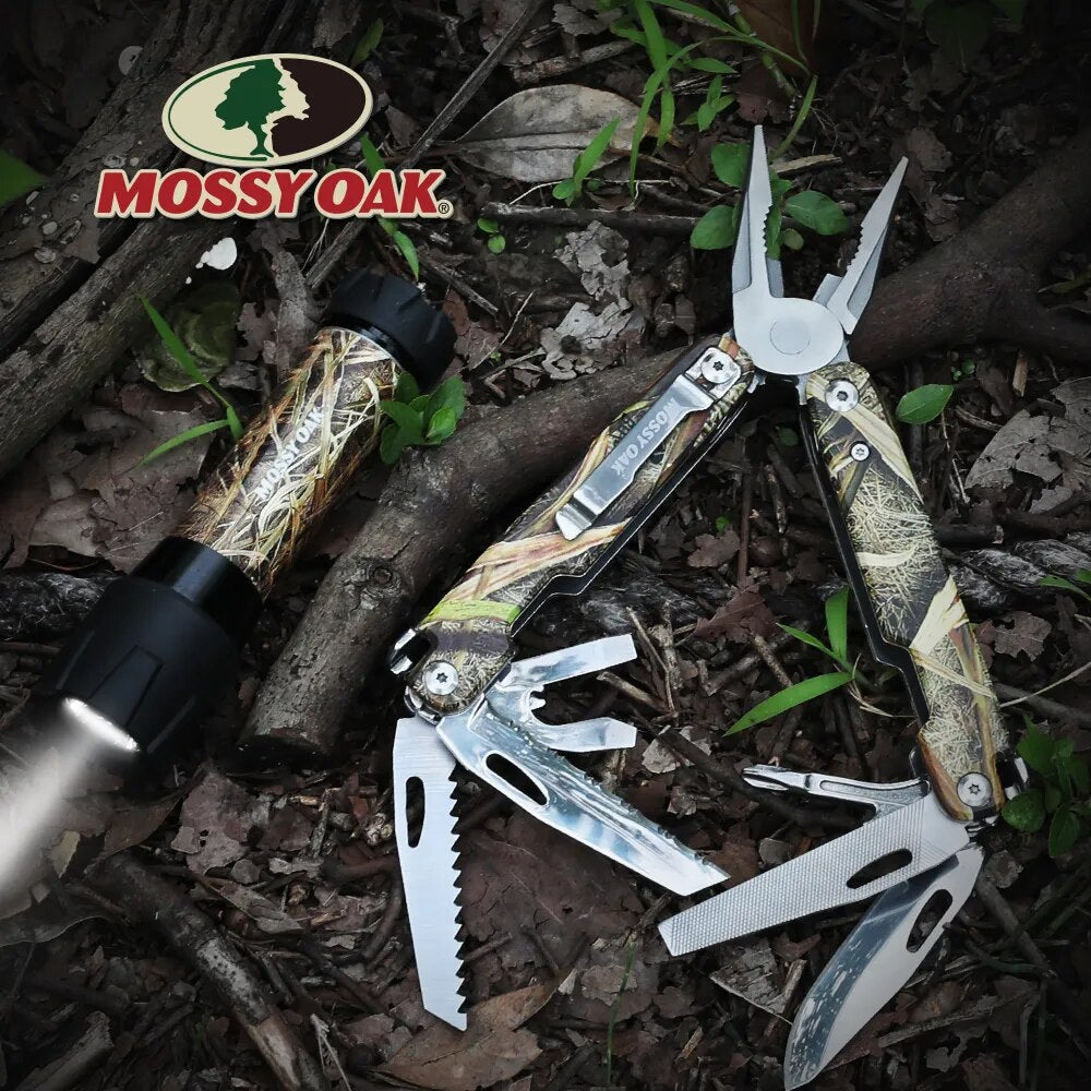 MOSSY OAK 2PC 11 in 1 Multi Plier And Flashlight With Camo Handle Wire Stripper Mini Folding Plier Multitool