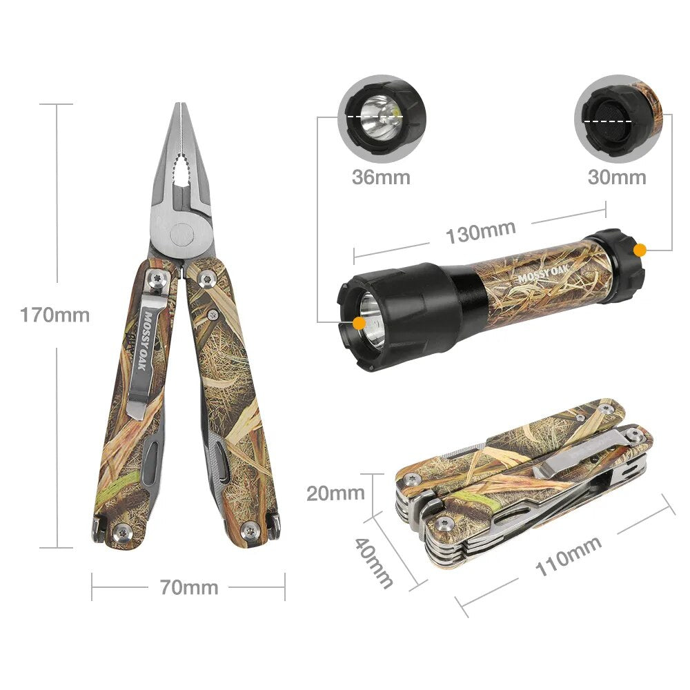 MOSSY OAK 2PC 11 in 1 Multi Plier And Flashlight With Camo Handle Wire Stripper Mini Folding Plier Multitool