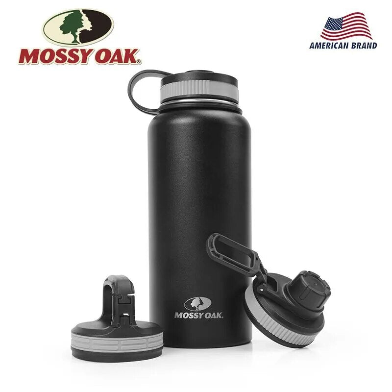 MOSSY OAK 900ml Stainless Steel Vacuum Insulated Sports Water Bottle - Wide Mouth Leak-Proof Double Wall Bottle with 3 Lids