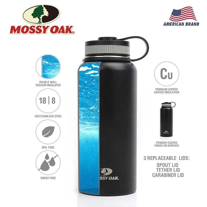 MOSSY OAK 900ml Stainless Steel Vacuum Insulated Sports Water Bottle - Wide Mouth Leak-Proof Double Wall Bottle with 3 Lids