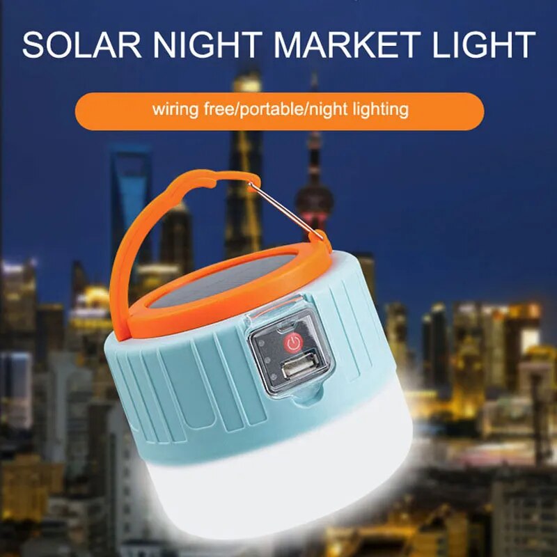 Solar LED Camping Lamp USB Rechargeable Bulb Outdoor Tent Lights Portable Emergency Lantern for BBQ Hiking Night Market