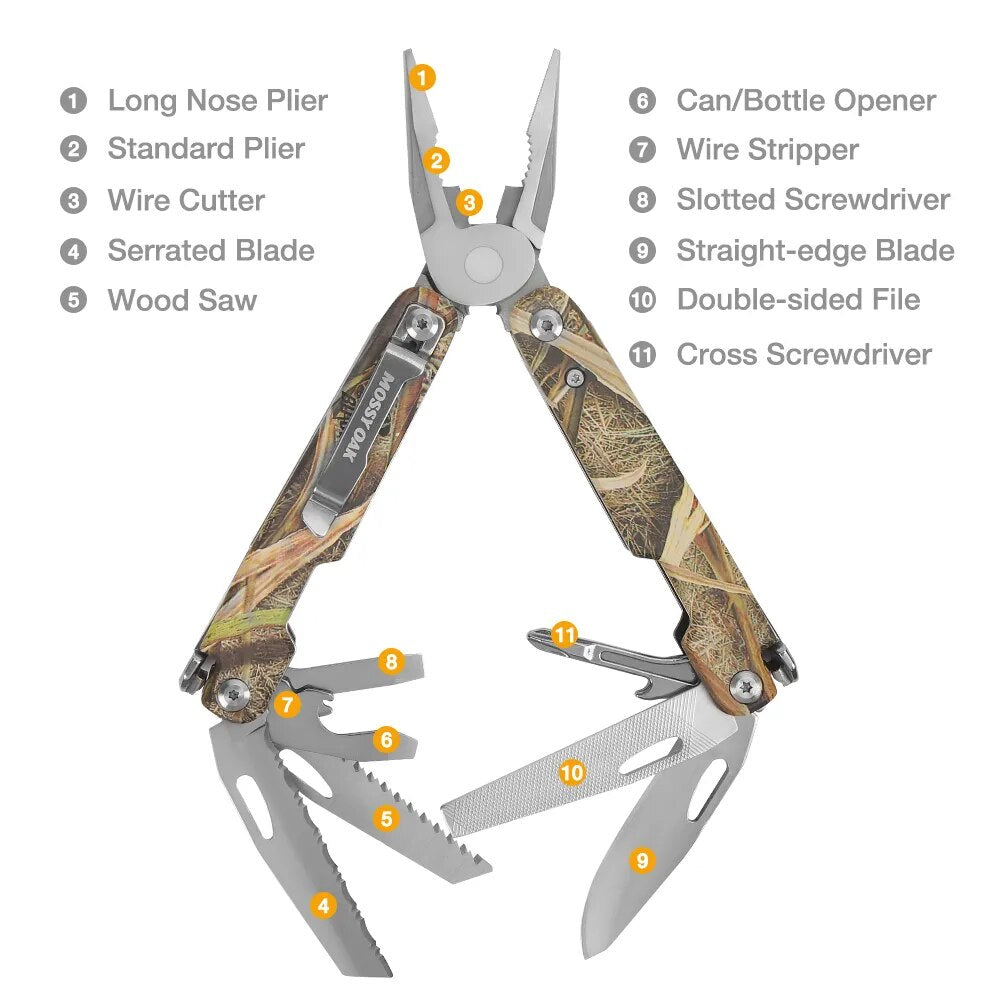 MOSSY OAK 2PC 11 in 1 Multi Plier And Flashlight With Camo Handle Wire Stripper Mini Folding Plier Multitool