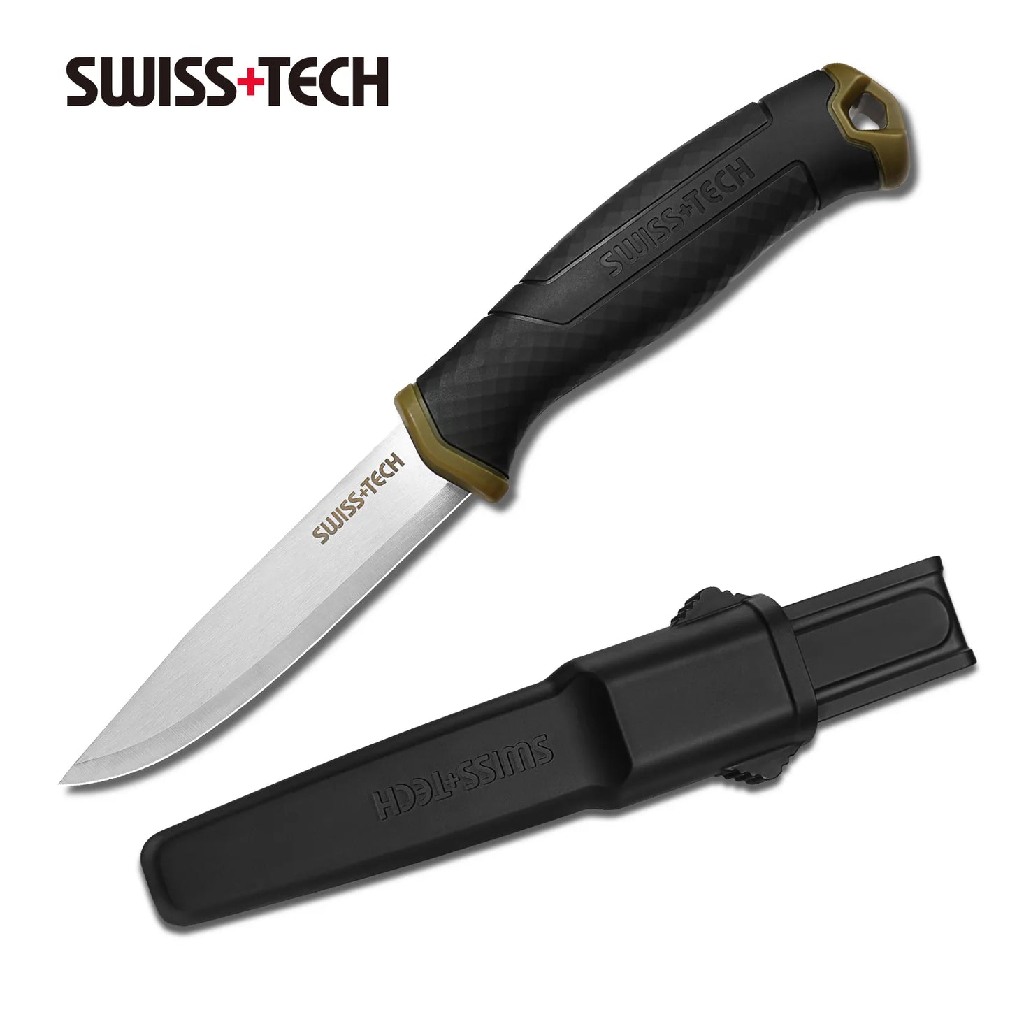 SWISS TECH Fixed Blade Knife, Survival Knife with Sheath, Strong Single Edge, Great for Hiking, Camping, Outdoor Activities