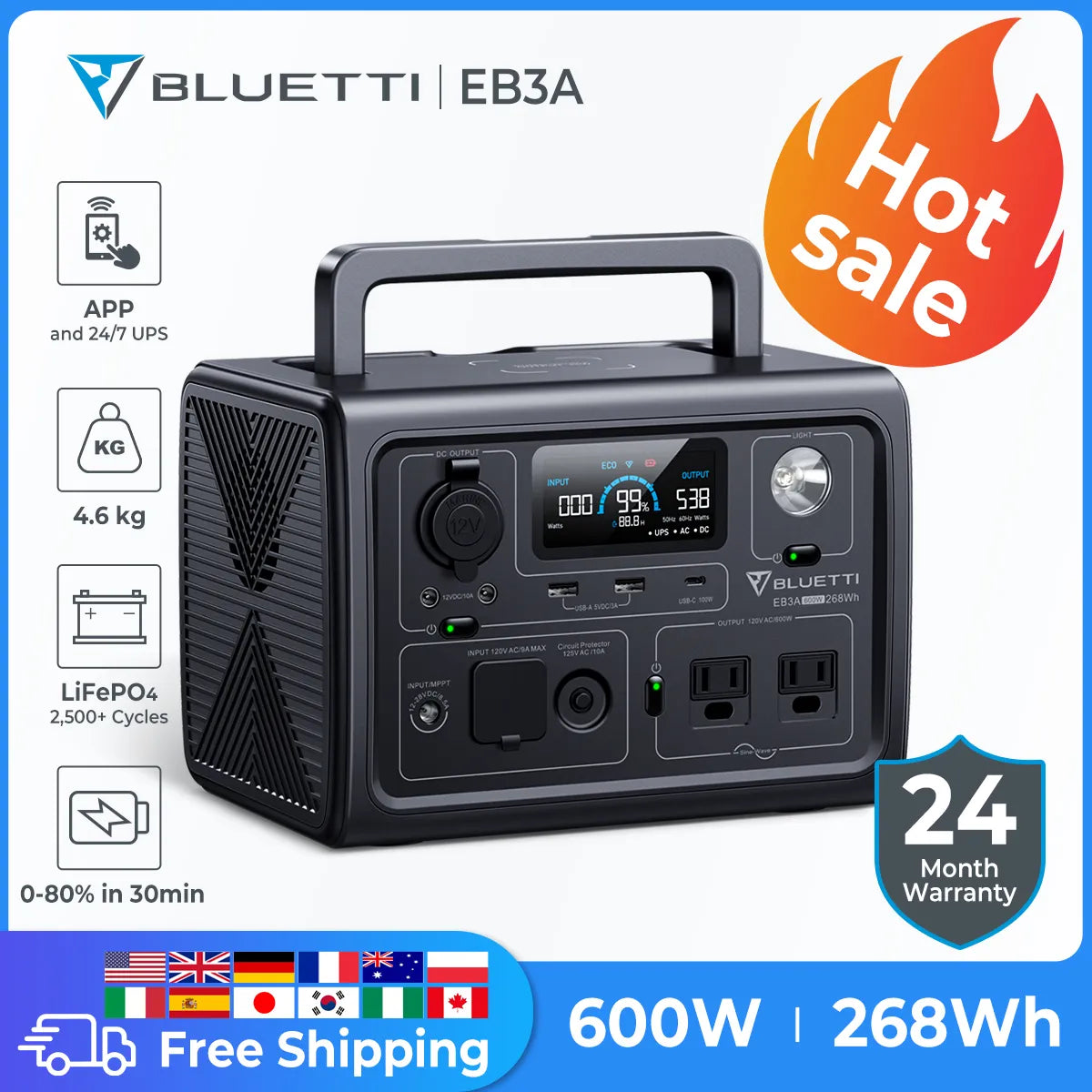 BLUETTI EB3A 600W Portable Power Station Solar Generator 268Wh LiFePO4 Battery Power Failure Camping Fishing RV UPS 2,500+ Cycle