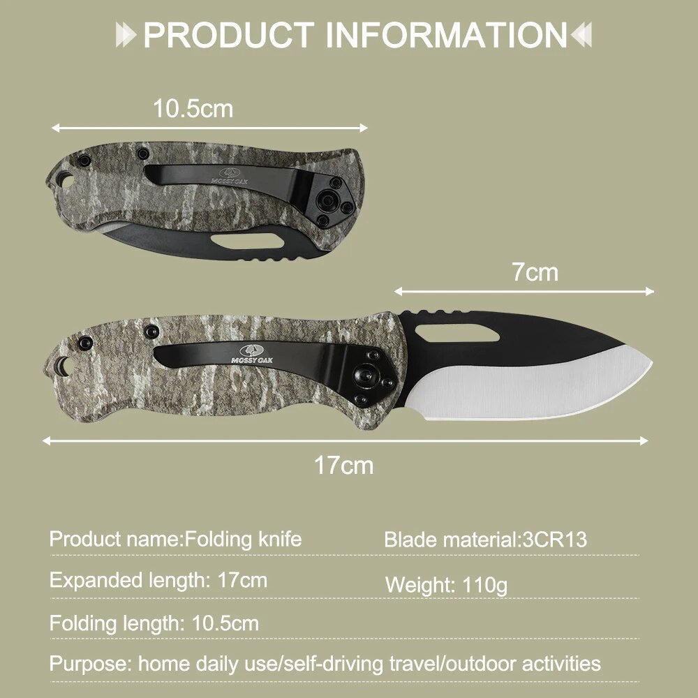 MOSSY OAK-Folding Knife with Drop-point Blade, Camping Knife, Metal Blade Handle, Outdoor Survival Knives, Hunting Knife, 4"