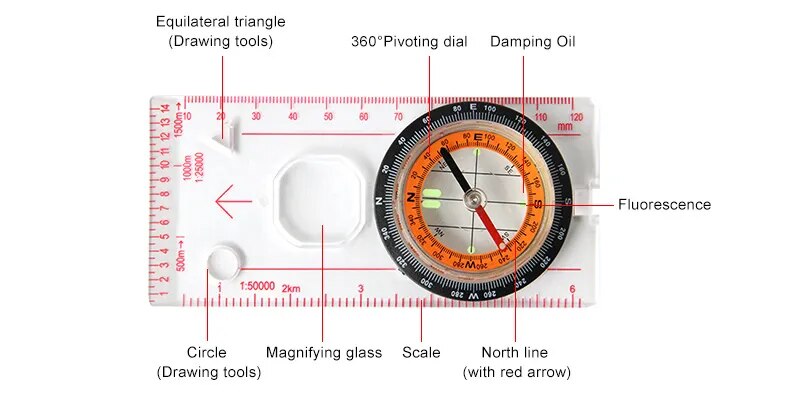 1pcs Portable Magnifying Compass Ruler Cross-country Race Measure Ruler Map Scale Military Compass for Hiking Camping Outdoor