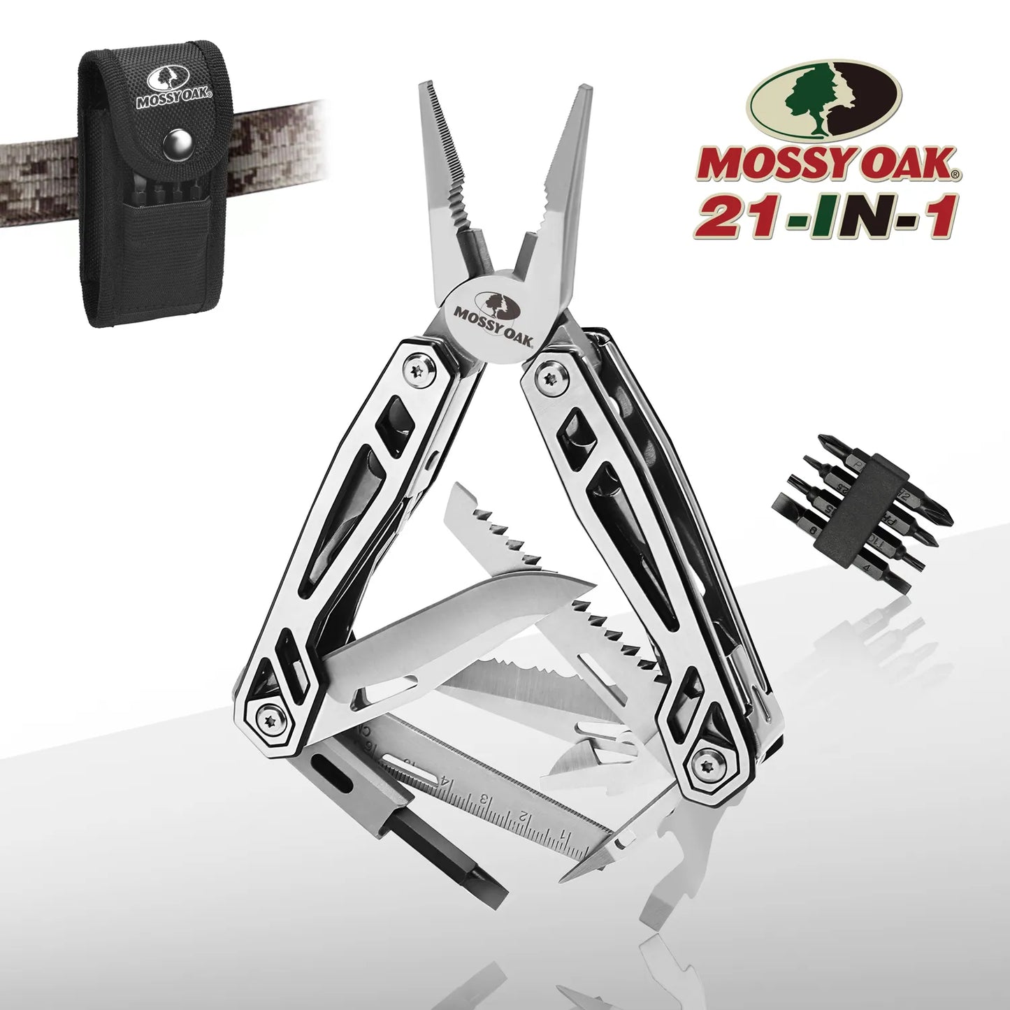 MOSSY OAK 21 in 1 Multi Function Pliers Stainless Steel Portable Pocket Knife with Sheath for Outdoors Survival Camping