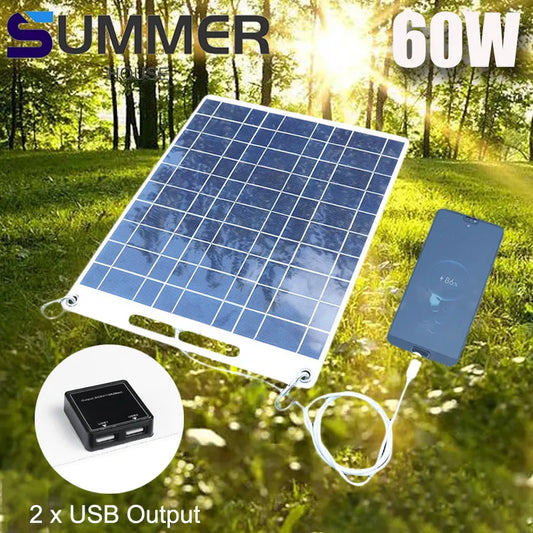 60W Solar Panel Portable 5V Dual USB Fast Charg Panel Kit Outdoor Emergency Charging Battery Camping Hiking Travel Phone Charger