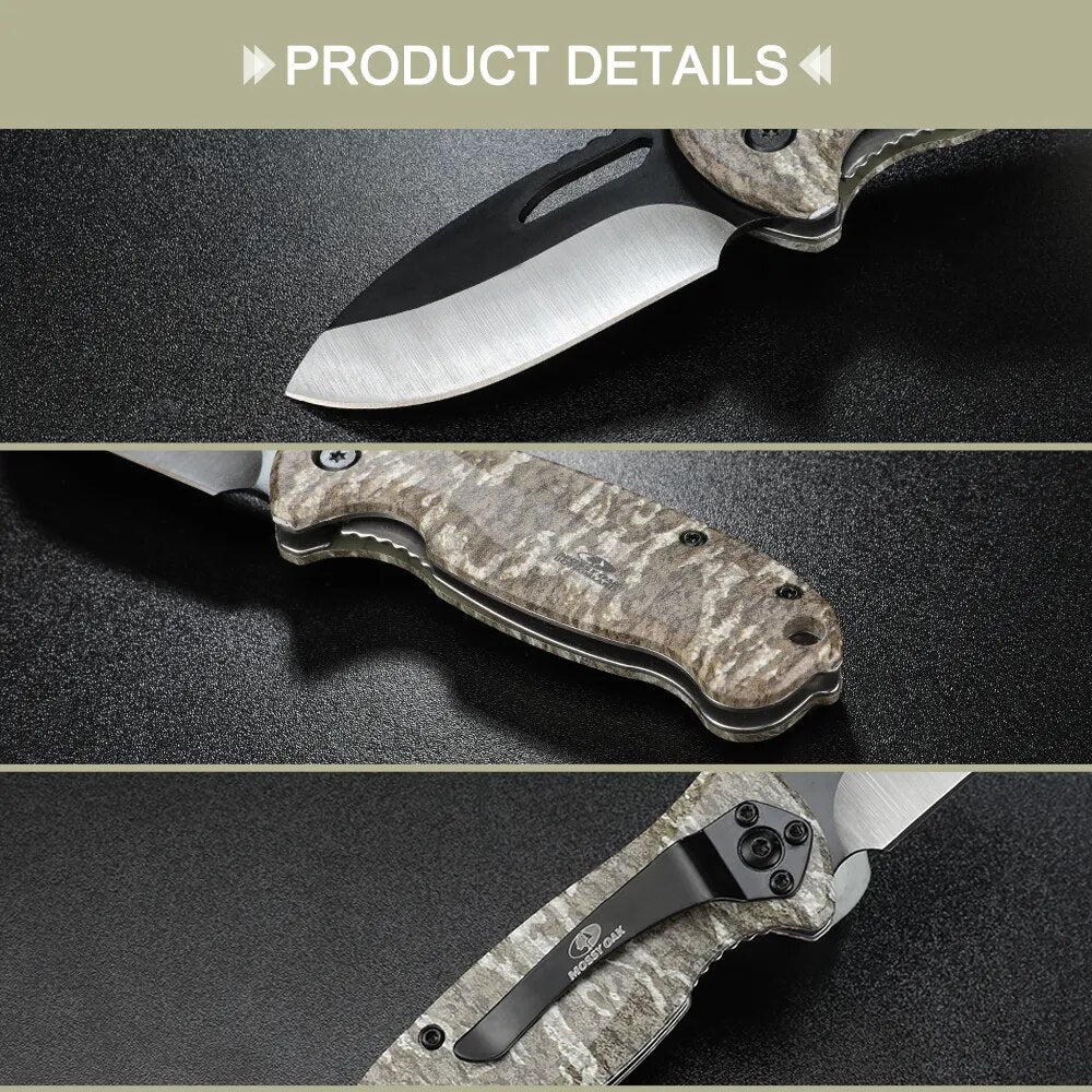 MOSSY OAK-Folding Knife with Drop-point Blade, Camping Knife, Metal Blade Handle, Outdoor Survival Knives, Hunting Knife, 4"