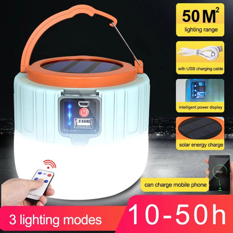 Solar LED Camping Lamp USB Rechargeable Bulb Outdoor Tent Lights Portable Emergency Lantern for BBQ Hiking Night Market