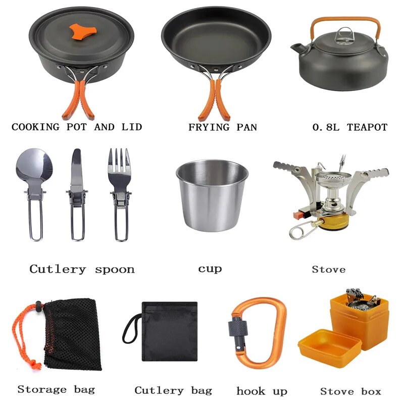 Camping cooking set Camping Gear Outdoor stove teapot Pan cup Accessories Portable Camping Equipment camper accessories kitchen