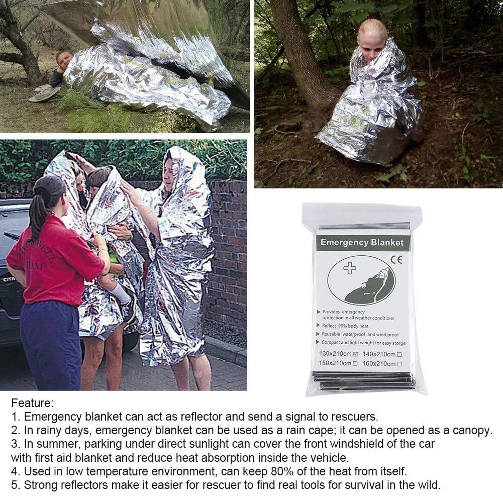 Outdoor Folding Emergency Blanket 210cm*130cm Silver Foil Emergency Survival Rescue Shelter for Camping Hiking Thermal Blankets