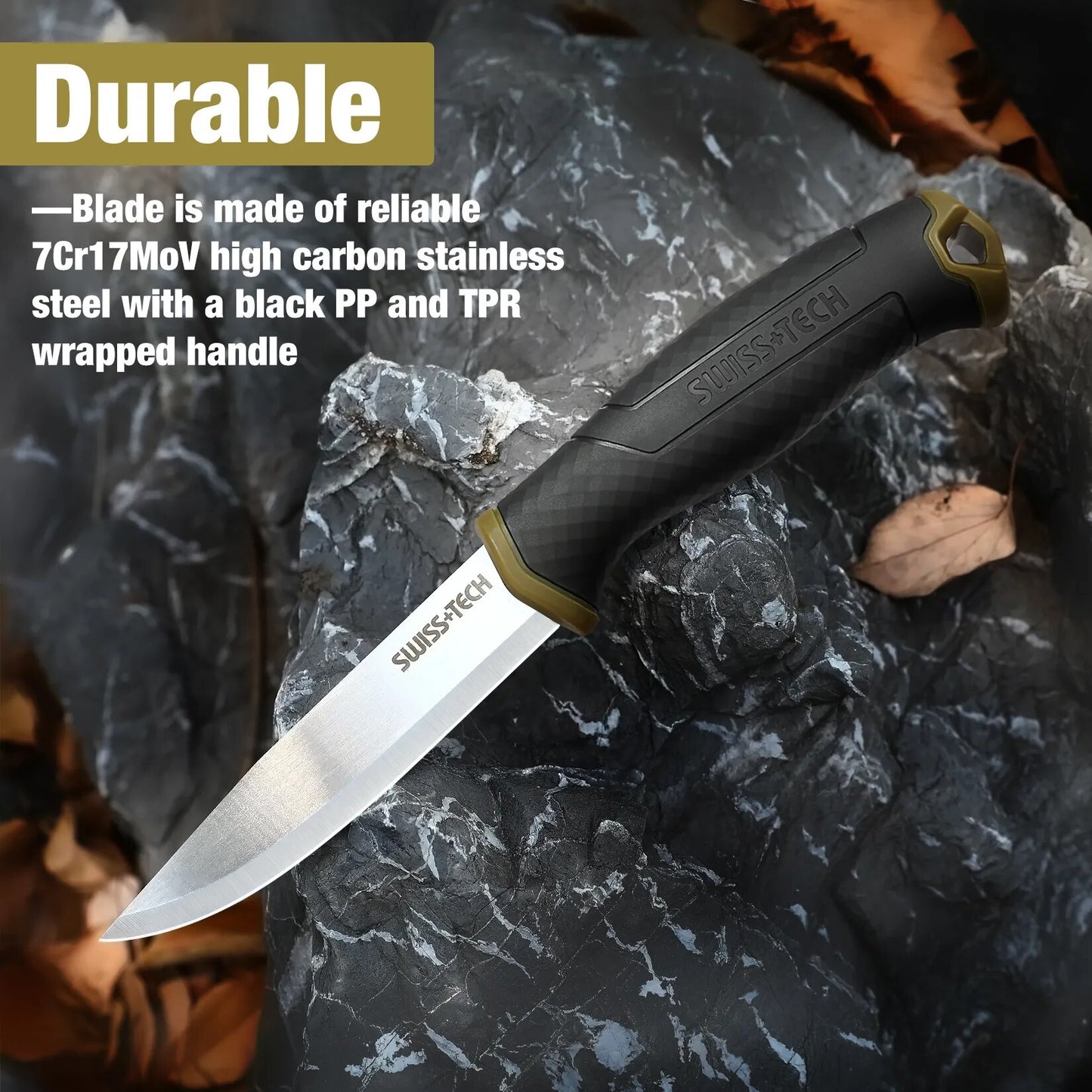 SWISS TECH Fixed Blade Knife, Survival Knife with Sheath, Strong Single Edge, Great for Hiking, Camping, Outdoor Activities