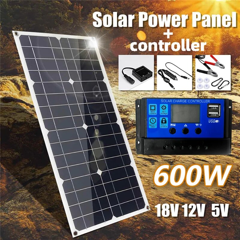 600W18V Portable Solar Panel Power Bank, Solar Panel Kit 12V Controller Solar Plate For Home/Camping/RV/Car Fast Battery Charger